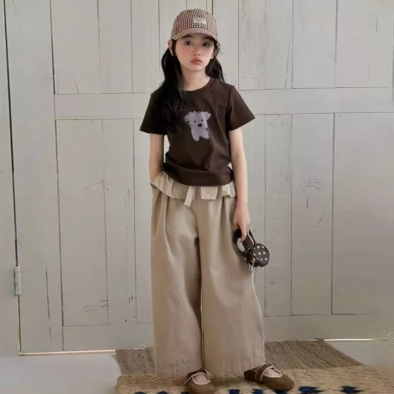 Bộ đồ bé gái mùa hè - Áo thun tay ngắn hoạt hình phối quần ống rộng phong cách Hàn Quốc