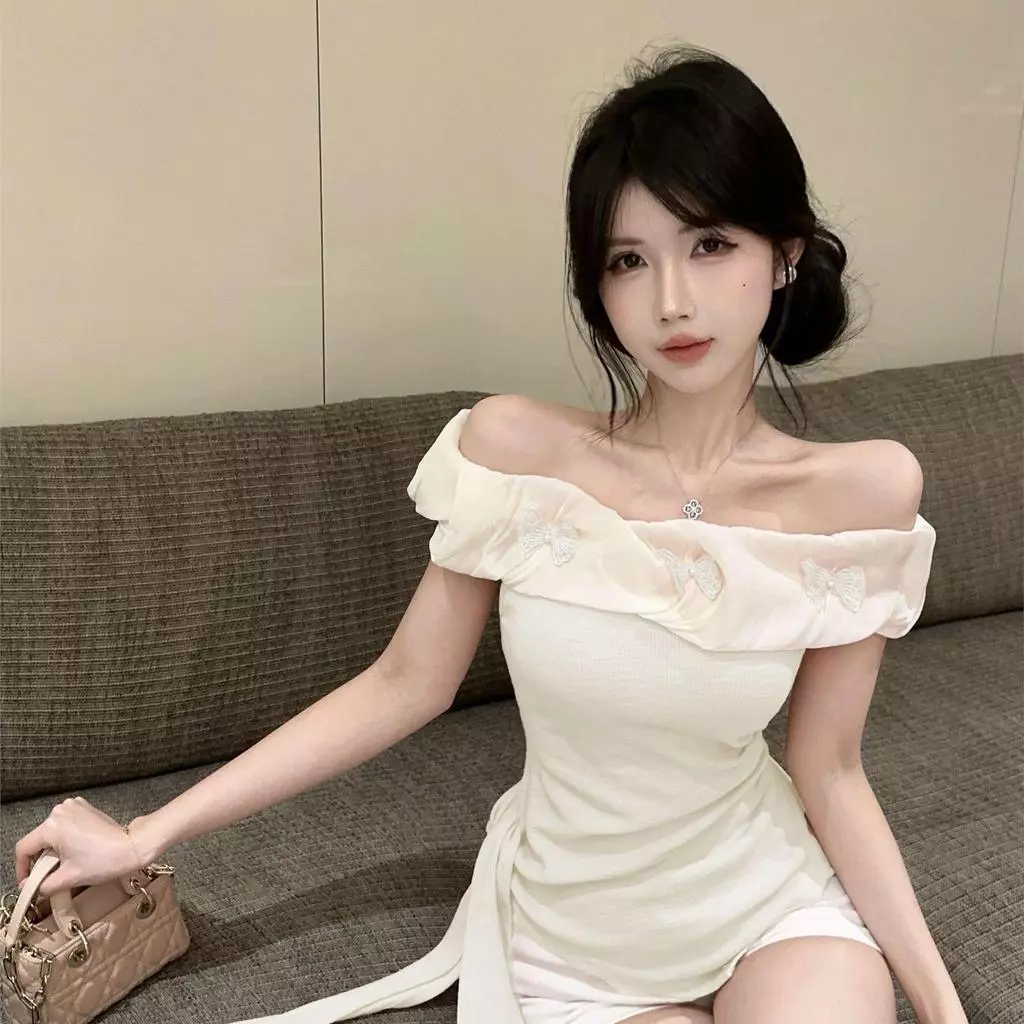 Phụ Nữ Mùa Hè Ngọt Ngào Không Đều Tắt Vai Dopamine Tay Ngắn Tắt Vai Áo Top