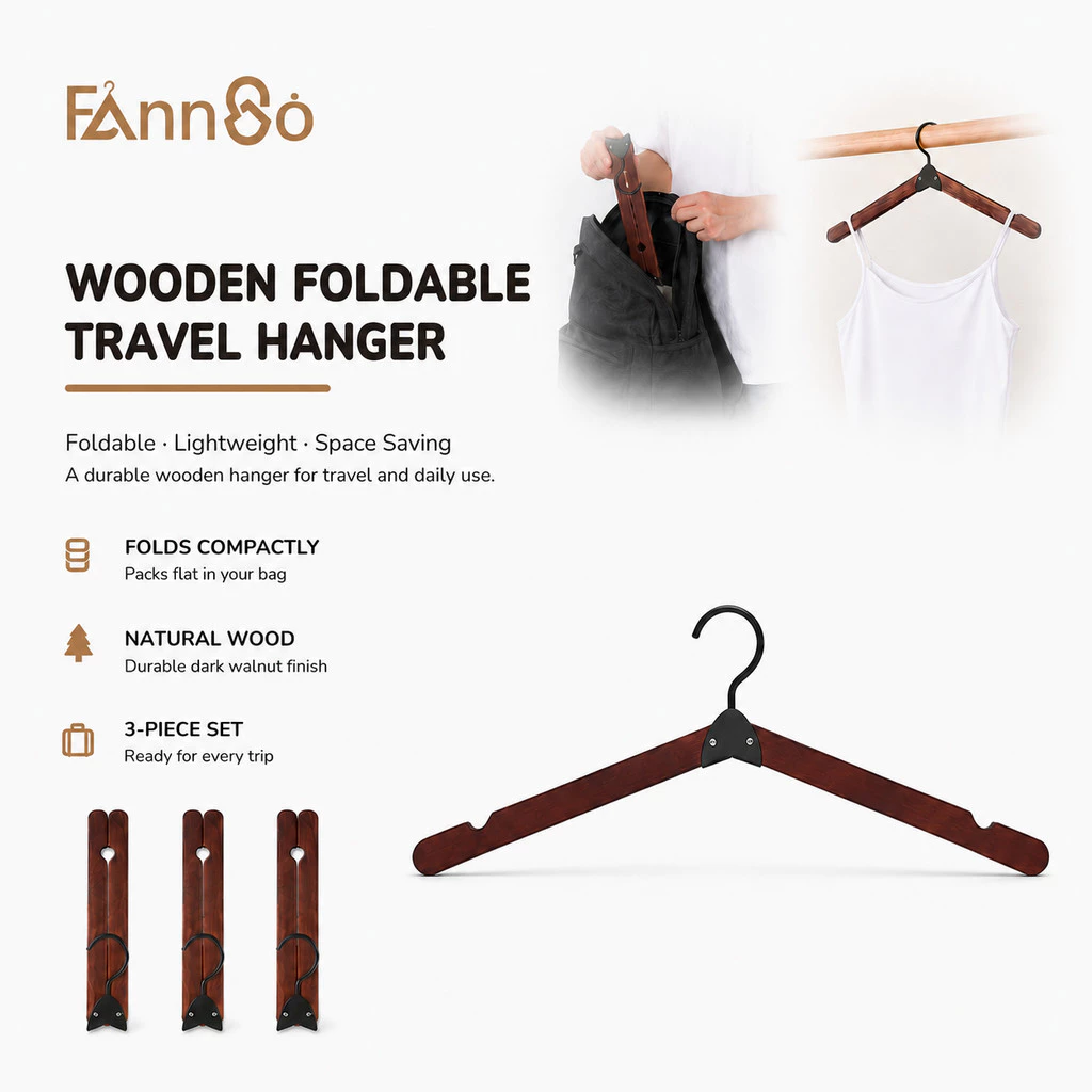 FannGo Gỗ Có Thể Gập Lại Móc Treo 1 Cái / 3 Gói Di Động Du Lịch Quần Áo Móc Treo Có Thể Gập Lại Tiết Kiệm Không Gian Cho Vali Du Lịch Chuyến Đi Cắm Trại RV