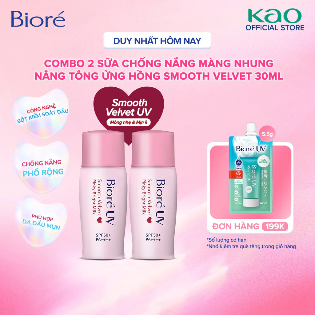 [LIVESTREAM] Combo 2 Sữa chống nắng nâng tông Biore UV màng nhung sáng hồng SPF50+ PA++++ 30ml (Phiên bản cải tiến)