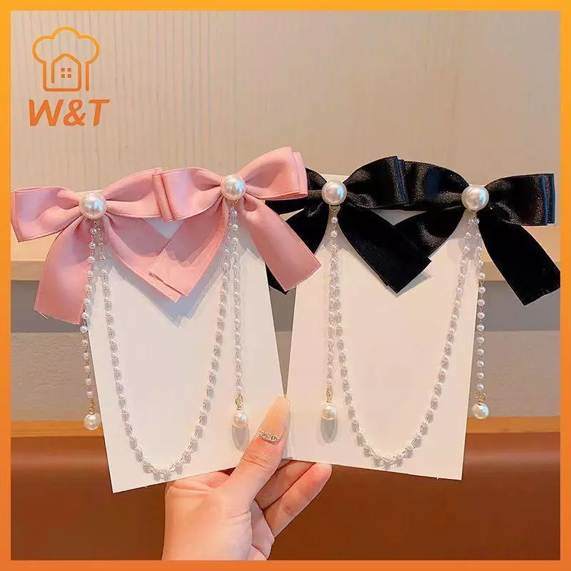 [W & T] Thanh Lịch Vintage Nơ Ngọc Trai sel Dây Xích Kẹp Tóc Ngọt Ngào Kẹp Tóc Thời Trang Phụ Kiện Tóc Mới