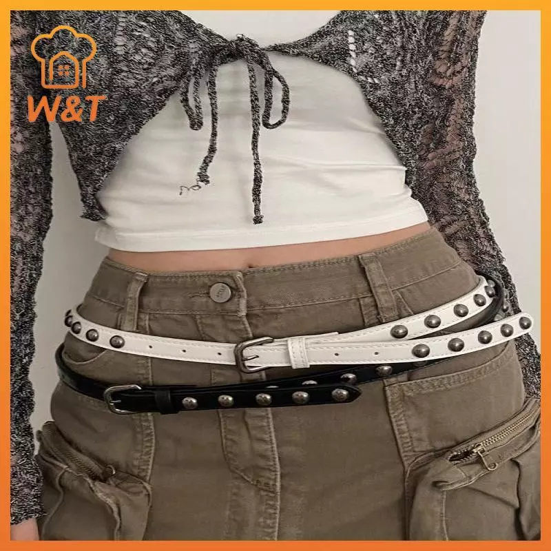 [W & T] Thắt lưng cổ điển kiểu Mỹ dành cho nữ Thắt lưng da mỏng phong cách Punk Metal Ro Phụ kiện thắt lưng đa năng độc đáo Mới