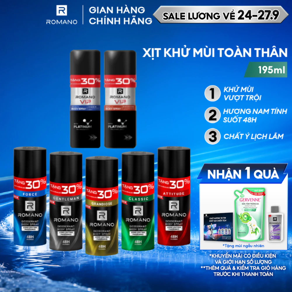 [Tăng 45ml dung tích] Xịt khử mùi cho nam Romano 195ml /chai Ngăn mồ hôi và mùi cơ thể 48H