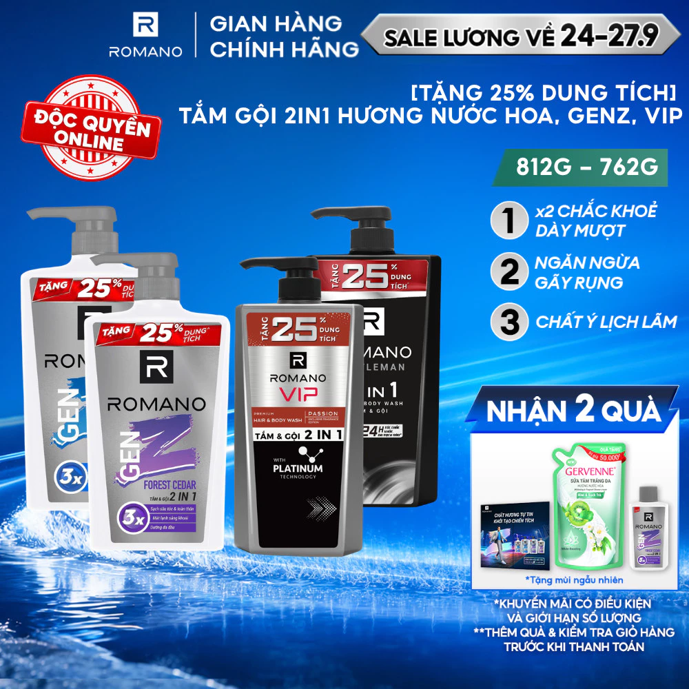 [TẶNG 25% DUNG TÍCH] Tắm gội 2in1 cho nam Romano hương Nước hoa / GenZ / VIP 650g - 610g