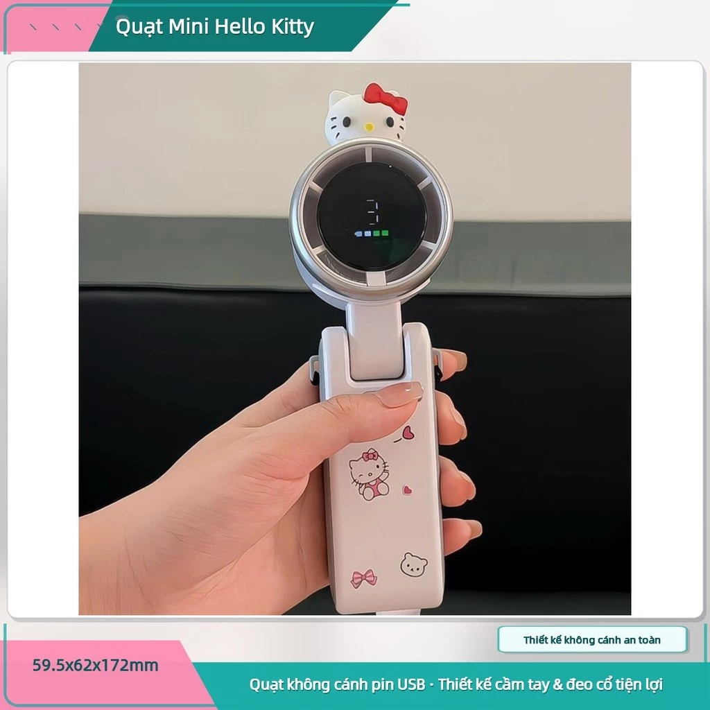 Quạt Không Cánh Hello Kitty Cầm Tay Mini Quạt Đeo Cổ USB Sạc Hoạt Động Êm Ái Pin Lâu Thiết Kế Dễ Thương