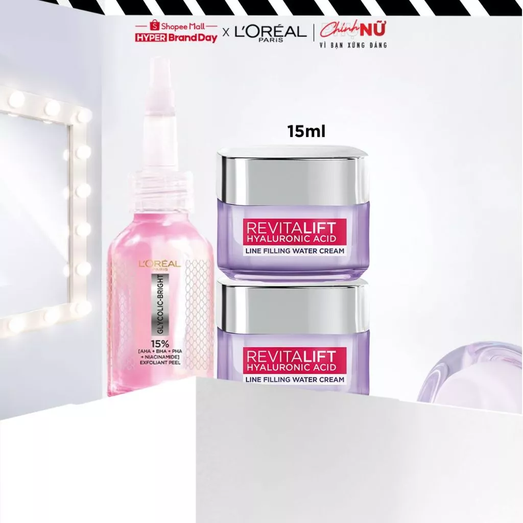 Bộ dưỡng chất peel sáng da 25ml, kem dưỡng ngày chống rãnh nhăn lão hóa sớm Revitalift HA Line L'Oreal Paris 15mlx2