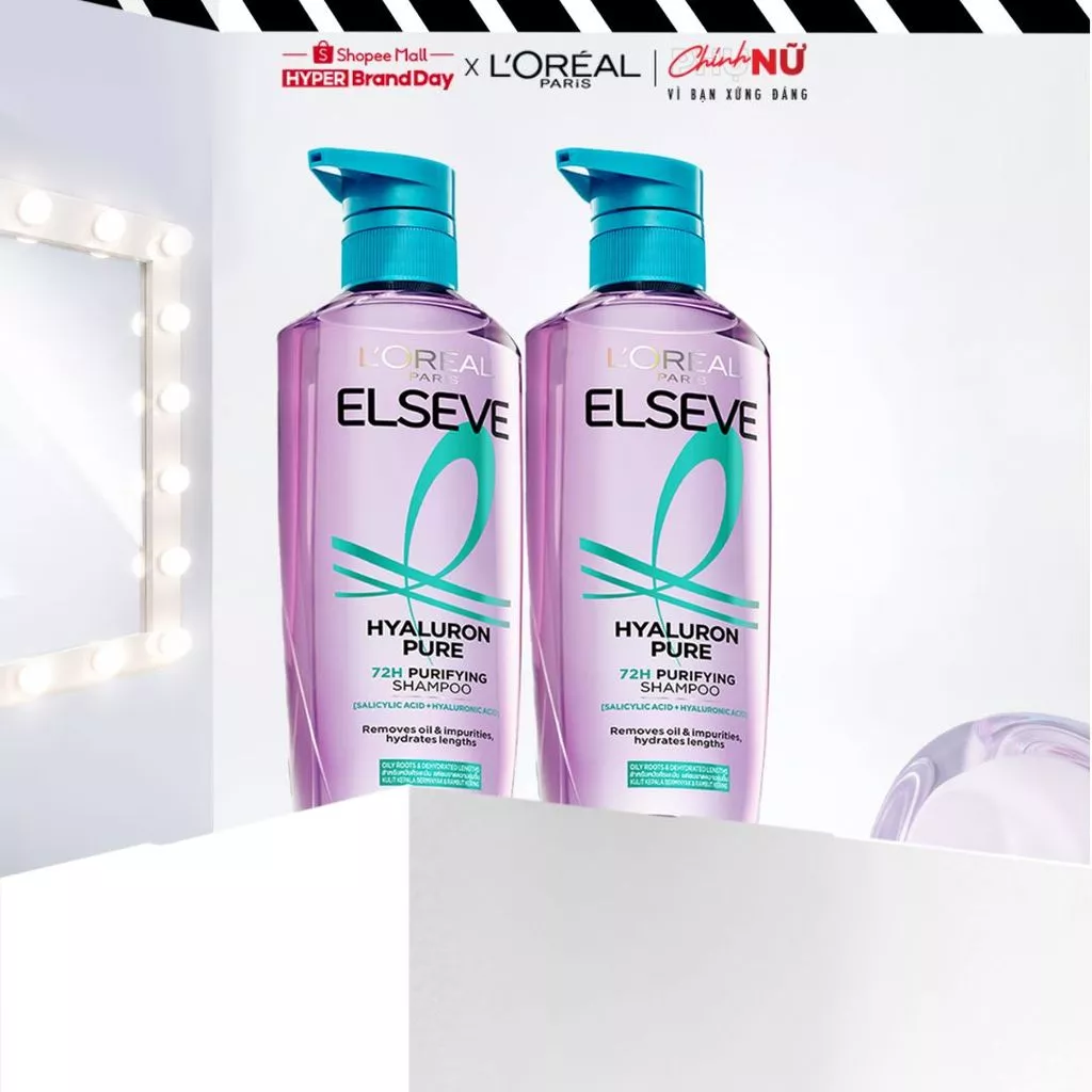 Bộ đôi dầu gội nhẹ bồng tóc 72H HA Moist da đầu khô hoặc Pure da đầu dầu L'Oreal Paris 620mlx2