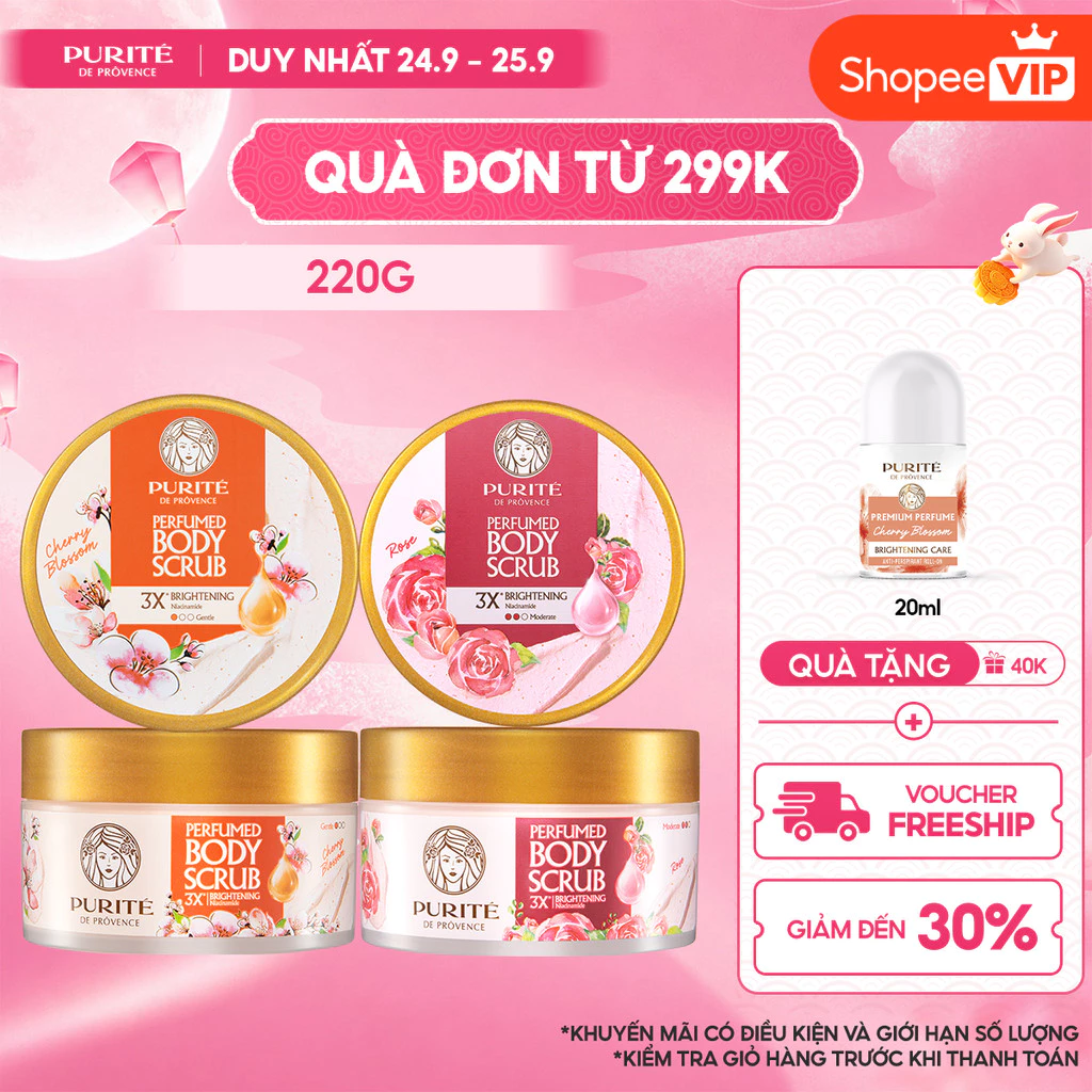 [VOUCHER SVIP 20%] Tẩy Tế Bào Da Chết Dưỡng Sáng PURITÉ Hương Nước Hoa Hoa Anh Đào/ Hoa Hồng 220G