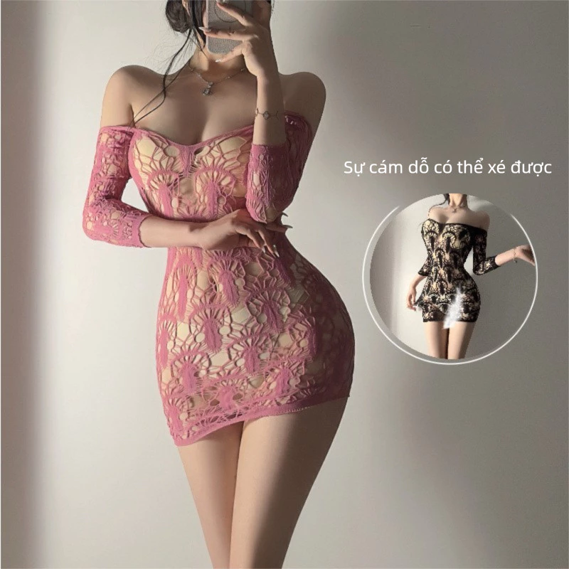Váy ngủ trobe jacquard rỗng, thiết kế giữa tay, màu sắc thuần khiết