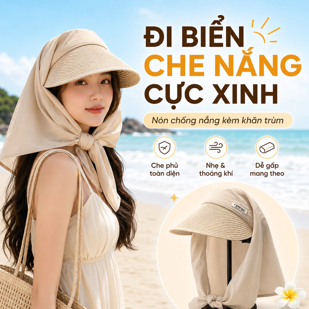 Mũ vành rộng + khăn voan chống nắng – Bảo vệ mặt & cổ, chất liệu thoáng mát, chống UV hiệu quả
