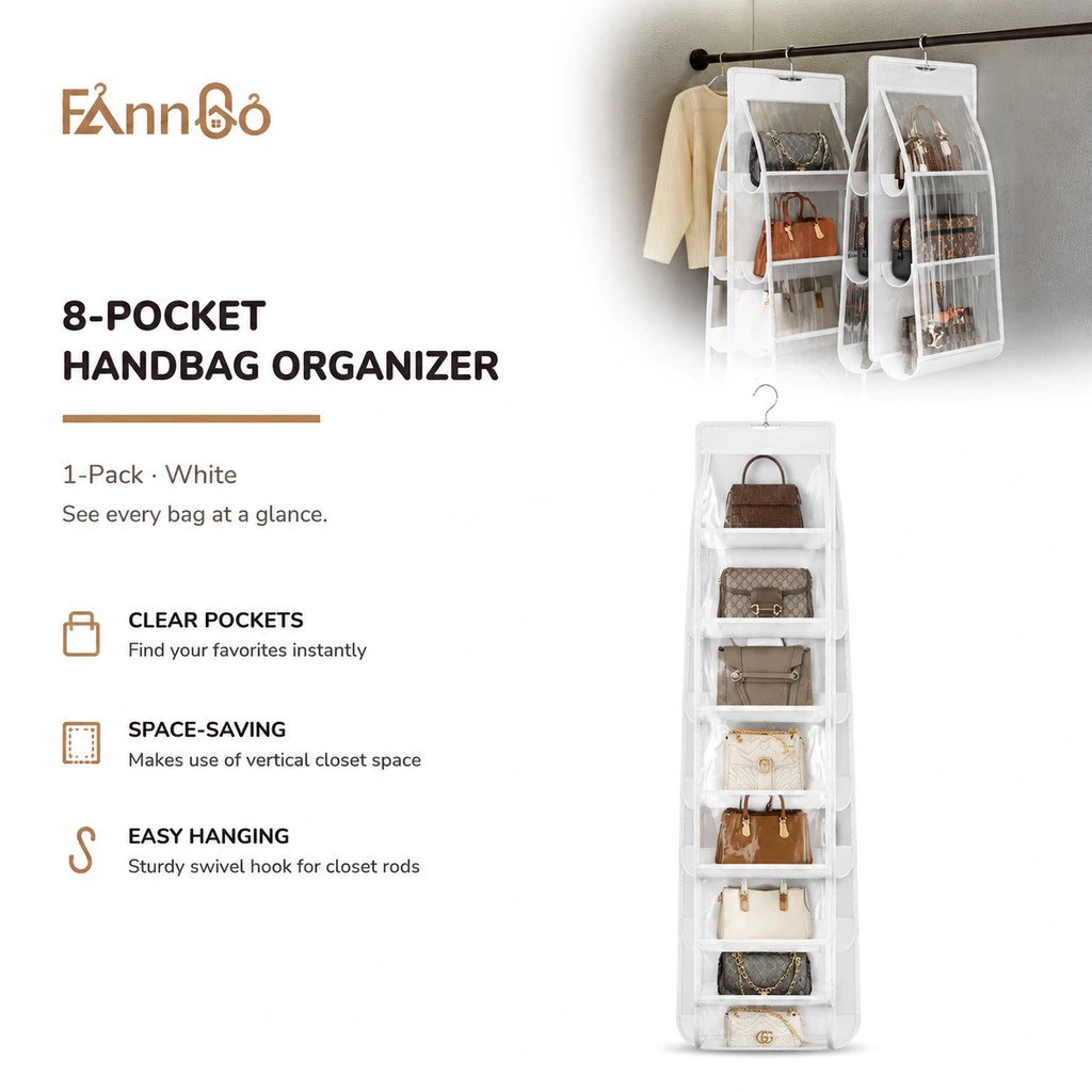 Túi treo trong suốt 8 ngăn FannGO, hộp đựng quần áo treo cửa tủ, ví đựng tiền xu có thể treo, giá đựng phụ kiện tủ quần áo tiết kiệm không gian màu trắng.