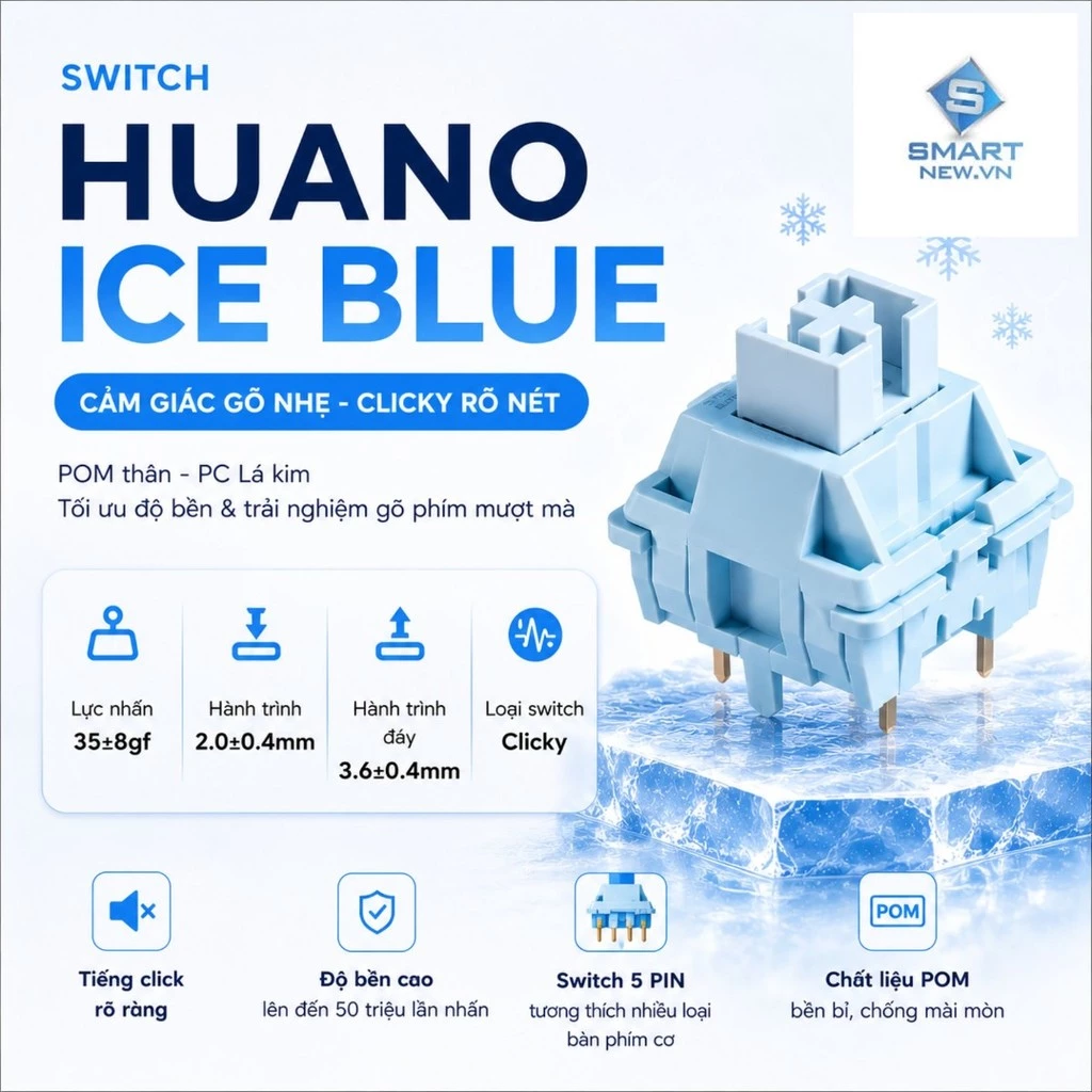 Combo 30 Switch Bàn Phím Cơ Huano Ice Blue 5 Pin – Linear 35gf POM Cao Cấp, Siêu Mượt, Gõ Êm
