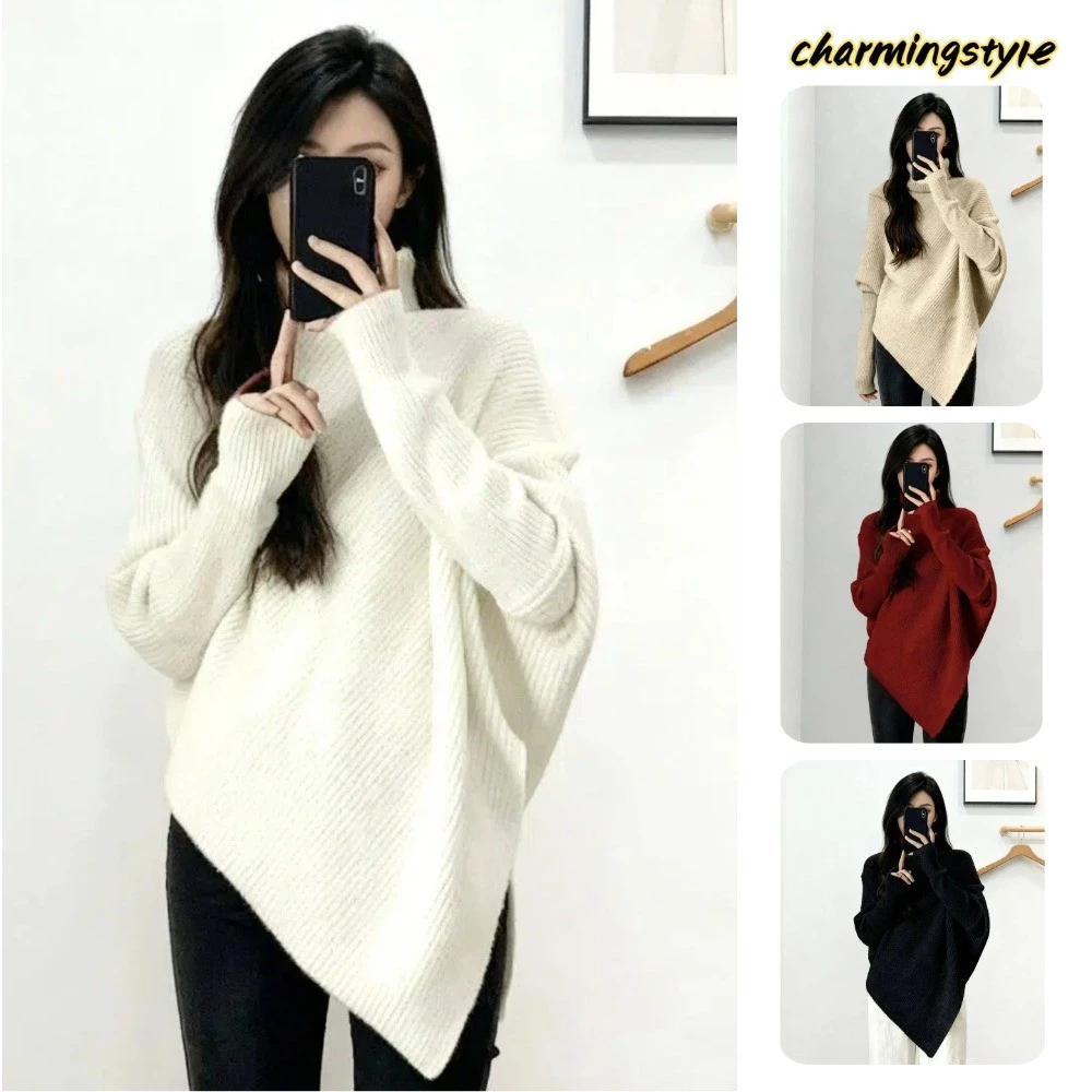 Áo Len Nữ Cổ Lọ Dài Tay, Dáng Rộng, Màu Trơn, Thiết Kế Bất Đối Xứng – Mẫu Mới Cho Mùa Thu Đông, Dễ Phối Đồ.