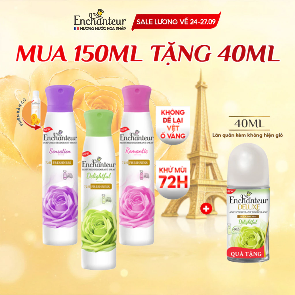 [TẶNG LĂN 40ML] Xịt khử mùi Enchanteur khô thoáng 72 giờ cảm giác tươi mát sảng khoái lâu dài 150ml (quà mùi ngẫu nhên)