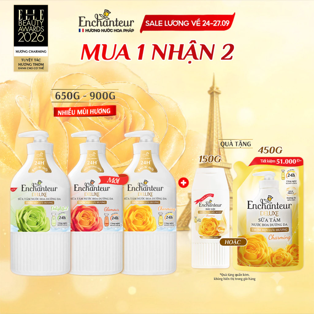 [TẶNG Túi 200G/ 450G] Sữa tắm hương nước hoa Pháp Enchanteur Deluxe 650g / 900g (Tặng mùi ngẫu nhiên)