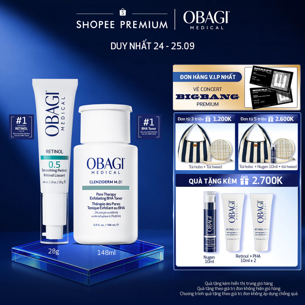 Bộ đôi dưỡng da Dung dịch Obagi Clenziderm M.D BHA Toner 148ml và Kem Dưỡng Đêm Obagi Retinol 0.5 (28g)