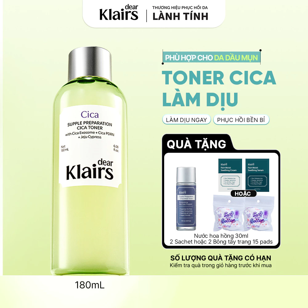 Nước hoa hồng Dear Klairs Supple Preparation Cica Toner 180ml hỗ trợ phục hồi, làm dịu [FS]