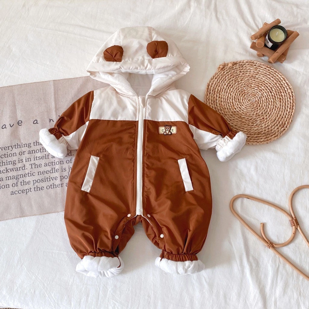 Áo liền quần cho bé mùa đông Họa tiết gấu dễ thương Cotton mềm mại ấm áp Làm dày Body 0-24 tháng Quần áo trẻ em
