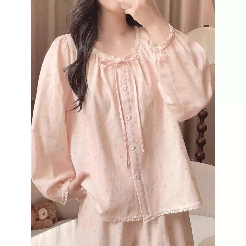 Hannie_Oder-Bộ đồ ngủ dài tay họa tiết quả cam xuân thu dành cho nữ, rộng rãi, ngọt ngào, dễ thương,có nơ,hàng QC