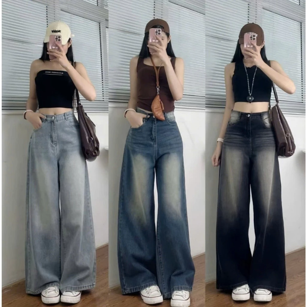 QUẦN JEANS NỮ BAGGY DÁNG SUÔNG DÀI 100CM, CẠP QUẦN BẢN LƯNG CAO, ỐNG RỘNG 31CM, VẢI JEANS MỀ