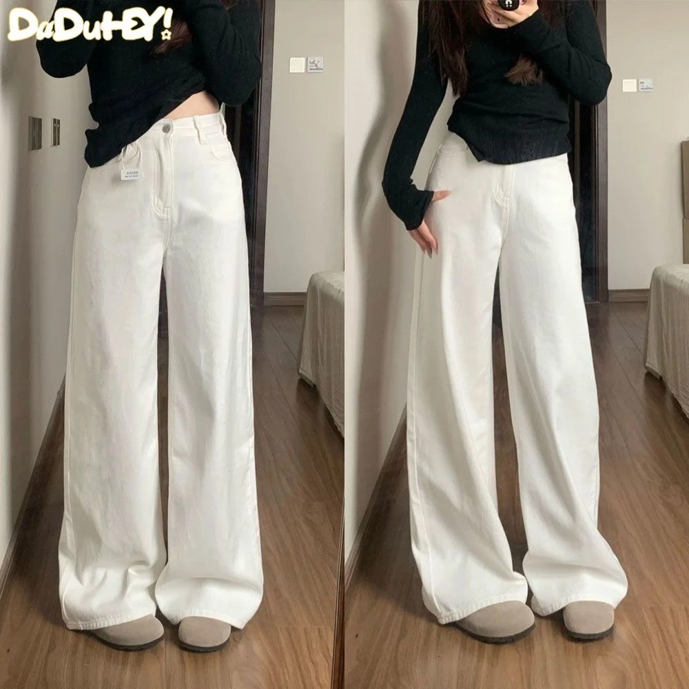 DaDuHEY! Quần Jean Nữ Thường Ngày Dễ Phối Tôn Dáng Gầy Cạp Cao Kiểu Mới Ống Rộng Màu Trắng