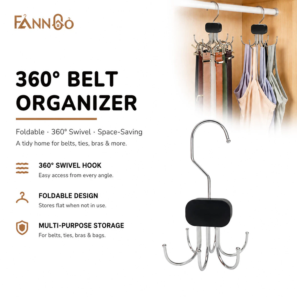 FannGo 360 ° Bộ giá treo quần áo xoay được, có thể gấp gọn, tiết kiệm không gian, màu đen, 1 cái