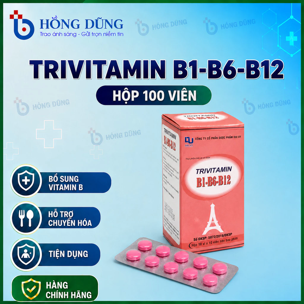 Vitamin B1 B6 B12 Đại Uy, Trivitamin 3B viên nén, giúp bổ sung vitamin cho cơ thể - (Hộp 10 vỉ x 10 viên nén)