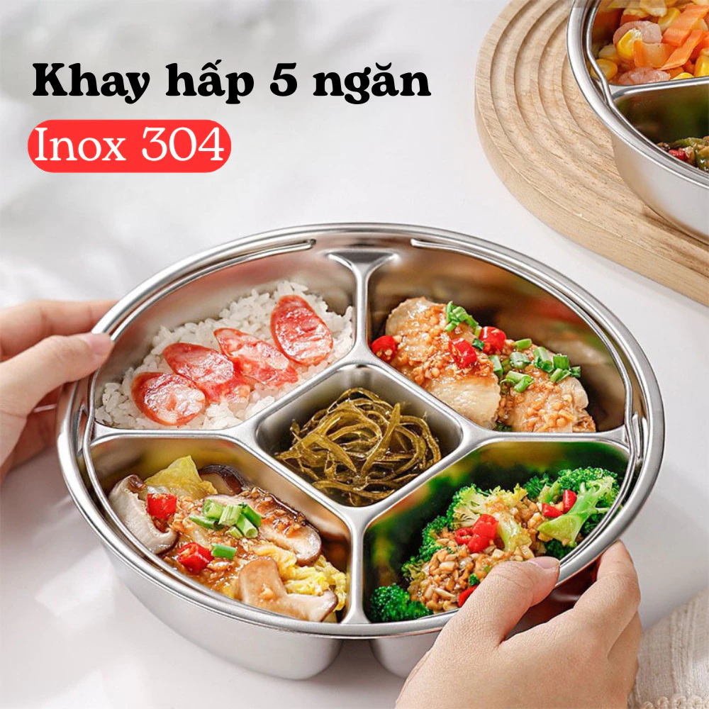 Khay Inox 304 5 Ngăn Cao Cấp, Khay Đựng Cơm Chia Ngăn Tiện Lợi MyHome