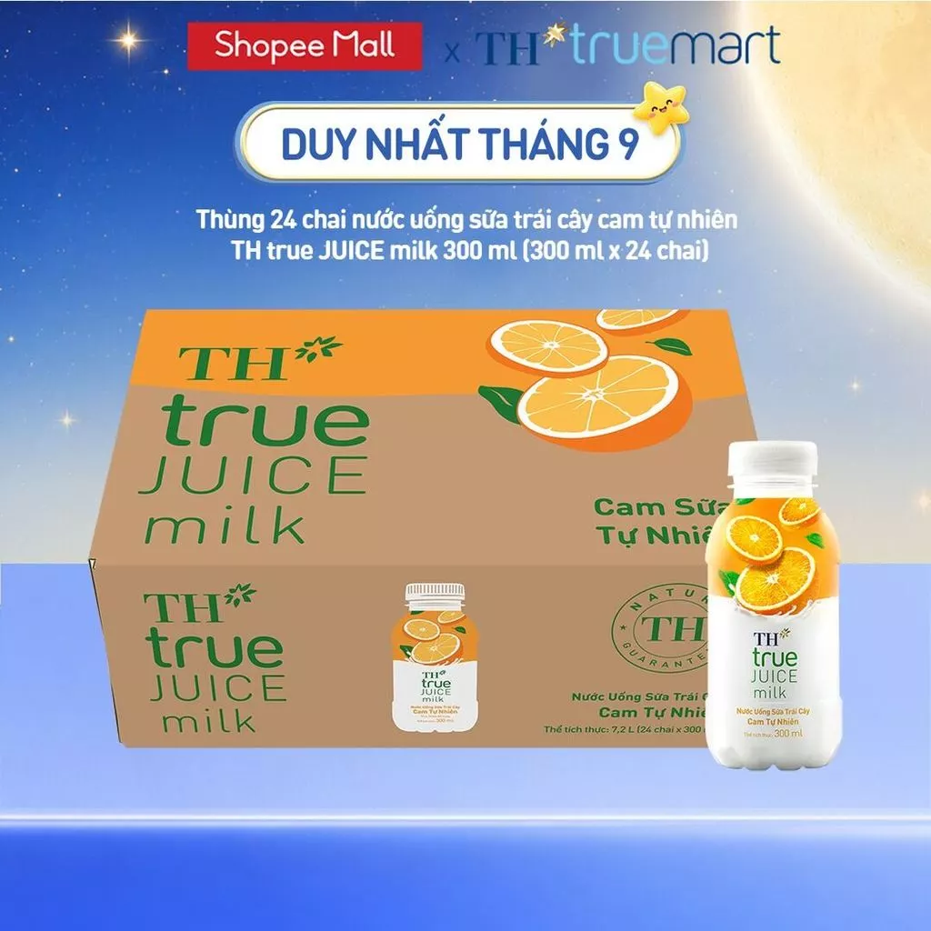 Thùng 24 chai nước uống sữa trái cây TH true JUICE milk cam tự nhiên 300 ml (300 ml x 24)