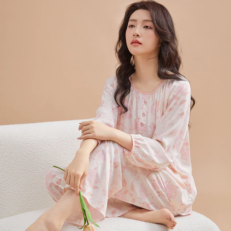 Bộ Đồ Ngủ Nữ Cotton Lụa Mùa Hè Ánh Sáng Thoải Mái Có Thể Thở Tốt Quần Dài Tay Bộ Đồ Ngủ Bộ 2 Món Có Thể We