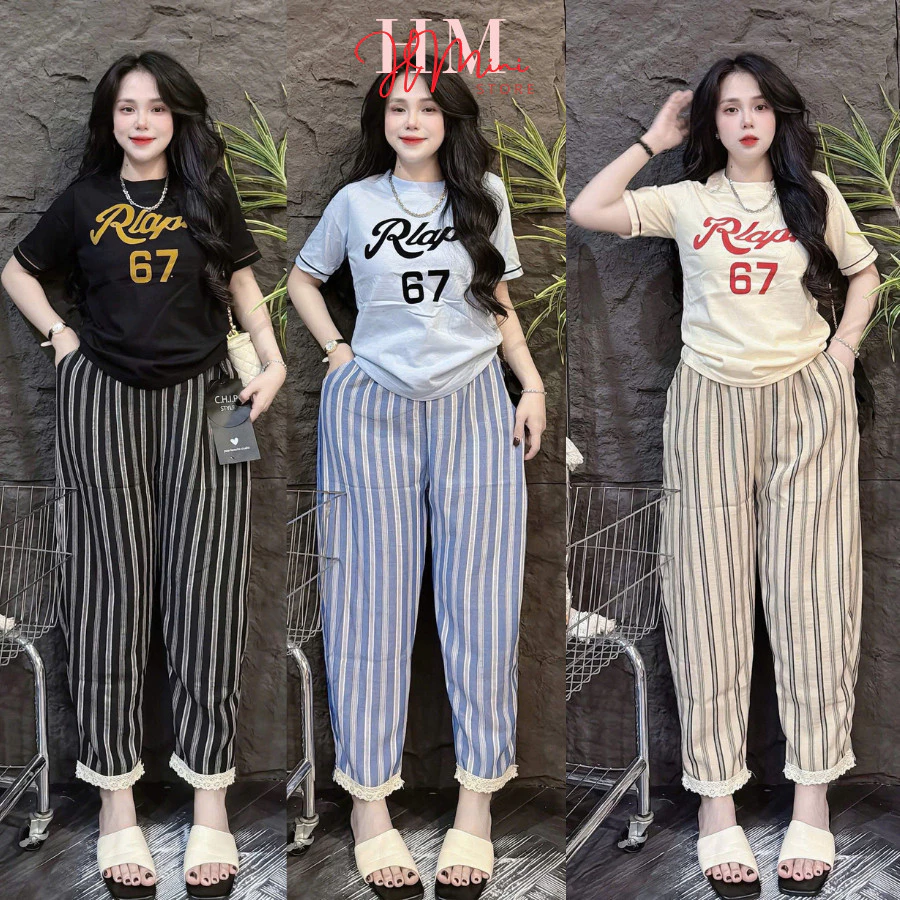 (Bigsize 45-85kg)Set đồ bộ mặc nhà áo thun cotton in chữ phối quần sọc lenin dáng baggy 3 màu