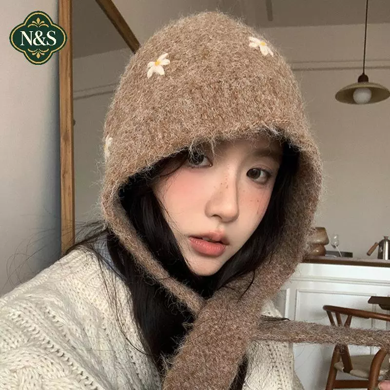 NS Nữ Ấm Áp Chống Gió Bảo Vệ Tai Mũ Khăn Hoa Nhỏ Casaul Mũ Dệt Kim NS