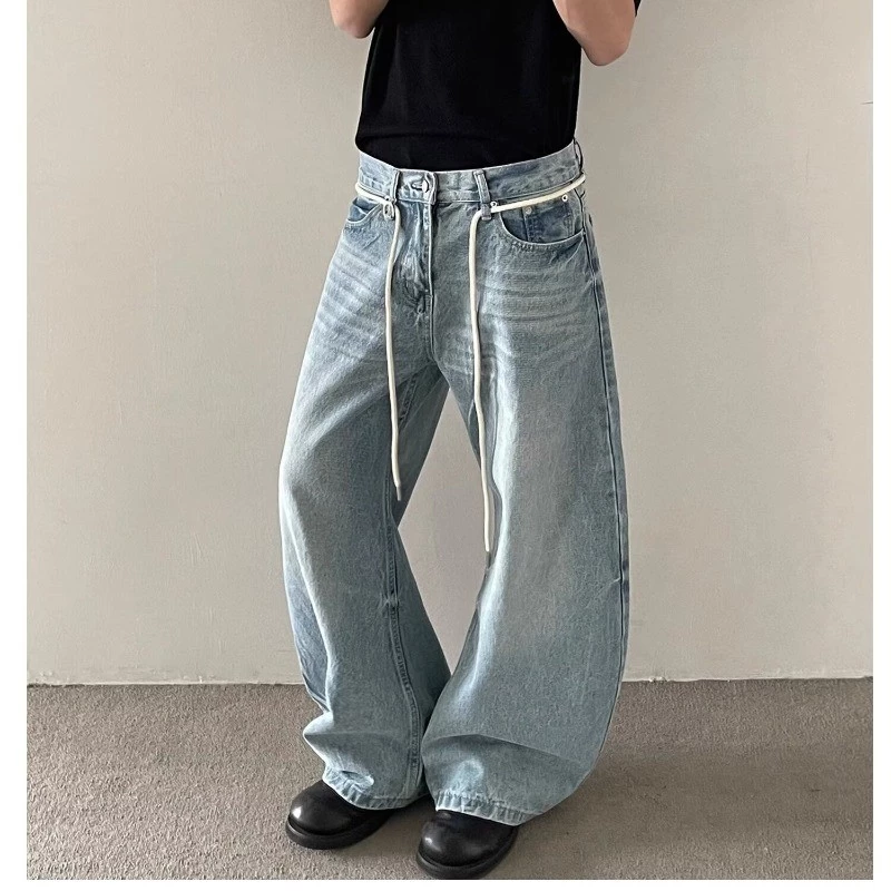Nam Vintage Ánh Sáng Xanh Dương Ống Rộng Baggy Quần Jean Dây Rút Rời Sàn Dài Quần Denim