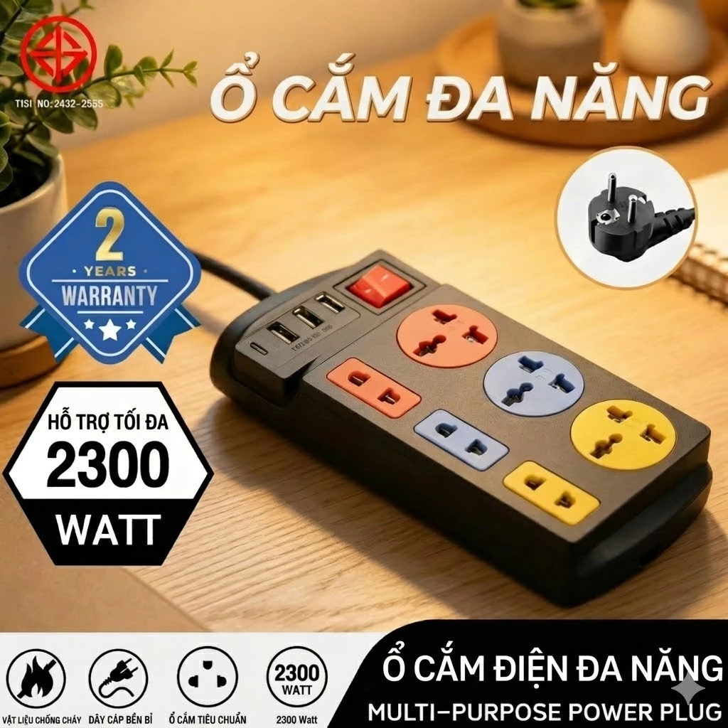 Ổ cắm điện đa năng 6 lỗ lõi đồng 2300W tích hợp 3 USB 1 Type-C có công tắc tổng an toàn