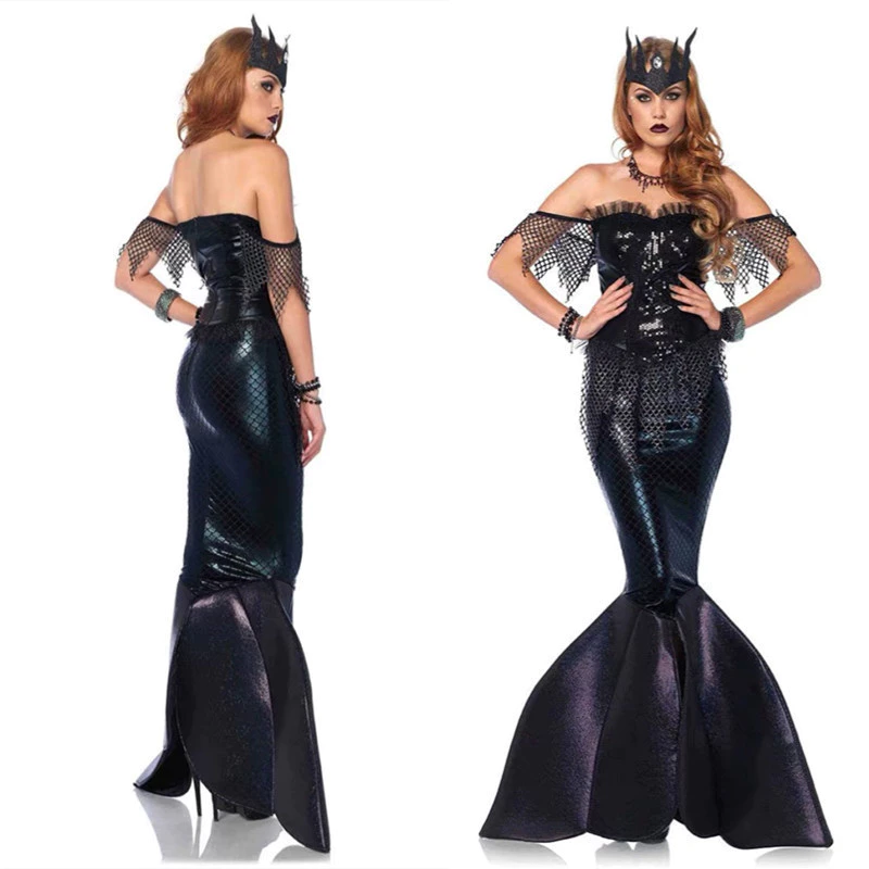 Đen Gợi Cảm Bãi Biển Nàng Tiên Cá Đầm Nữ Halloween Cosplay Carnival Sân Khấu Trang Phục Tiệc