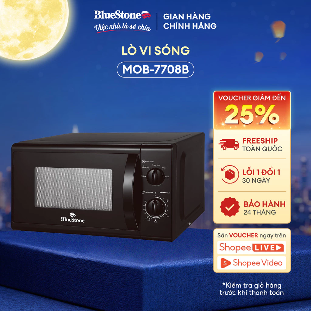 [HOT DEAL] Lò Vi Sóng  BlueStone MOB-7708B 20 Lít 1050W Tiện Lợi 5 Mức Công Suất Nấu Hâm Rã Đông Bảng Điều Khiển Cơ Tiến