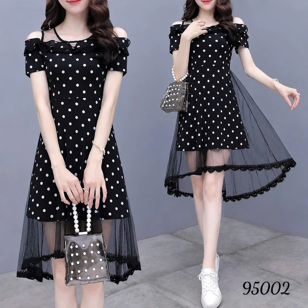 (MAY ĐẸP - 2 LỚP ) Đầm Xòe Trễ Vai Phối Lưới Chấm Bi Nữ Thời Trang Dự Tiệc Sang Chảnh MÃ MỚI HOT