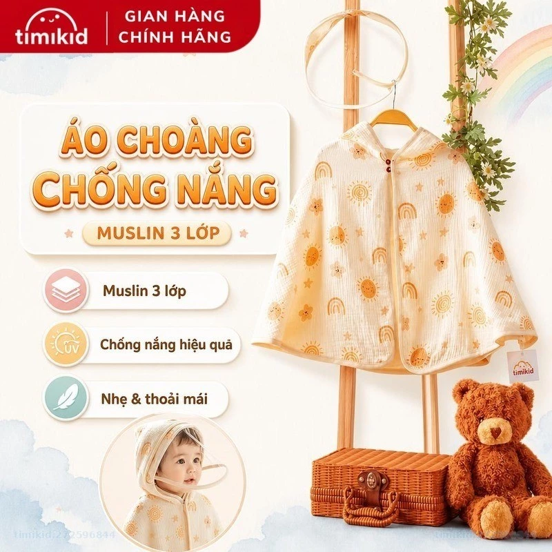 Áo Choàng Chống Nắng Chất Liệu Muslin 3 Lớp - Tặng Kèm Kính Chắn Bụi Gài Mũ