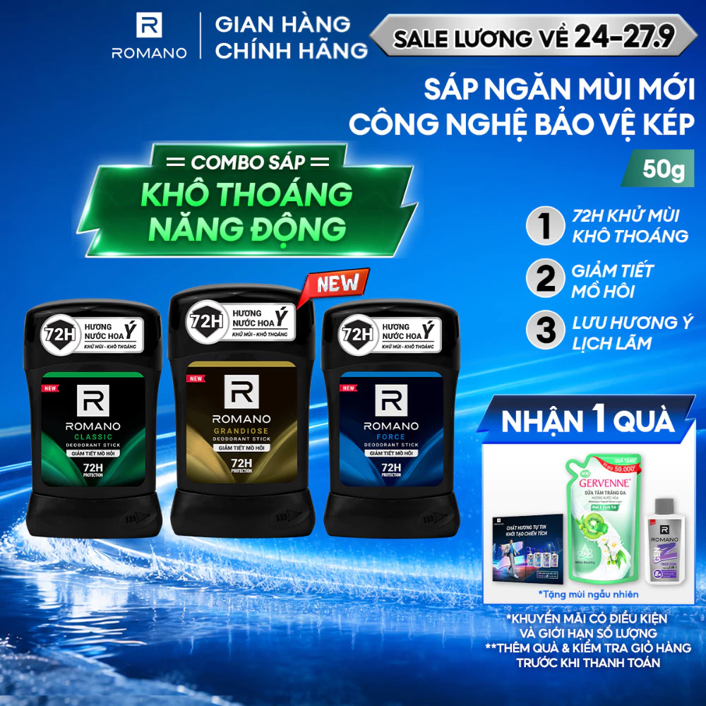 Sáp ngăn mùi cho nam Romano 50g - Khử mùi 72H, lưu hương Ý dài lâu