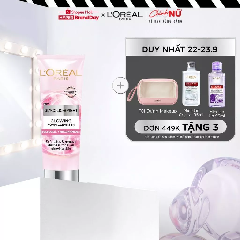 Sữa rửa mặt làm sạch sâu và sáng da L'Oreal Paris Glycolic (AHA) Bright Glowing Daily [Glycolic+ Niacinamide] 100ml
