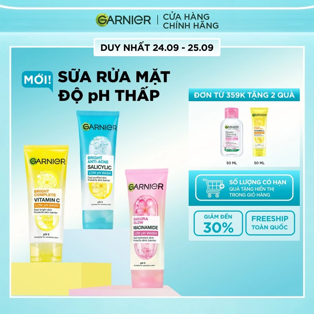 MỚI! Sữa rửa mặt dạng Gel độ PH 5 cân bằng cho mọi loại da - Garnier Low PH Gel Wash 100ml