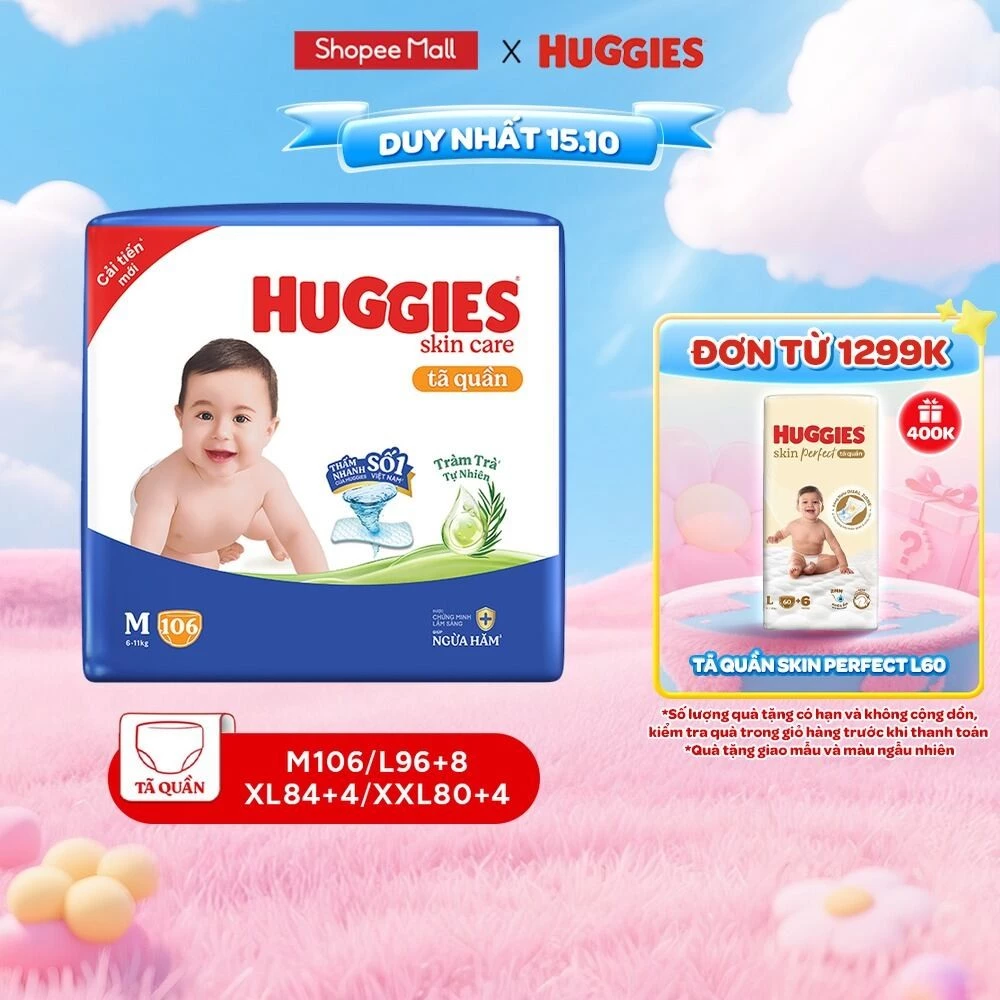 Tã quần Huggies Skincare Mega Jumbo M106/L96+8/XL84+4/XXL76+4 với tràm trà dịu da