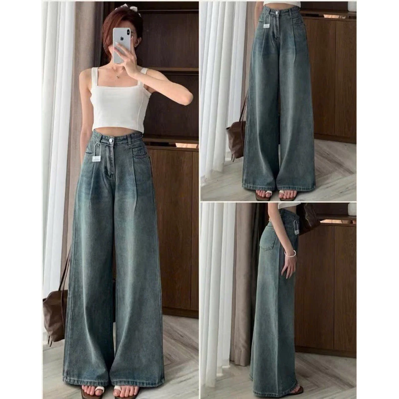 Quần jeans suông triết li trước, phom ống rộng cạp cao ôm eo hách dáng phong cách Hàn Quốc
