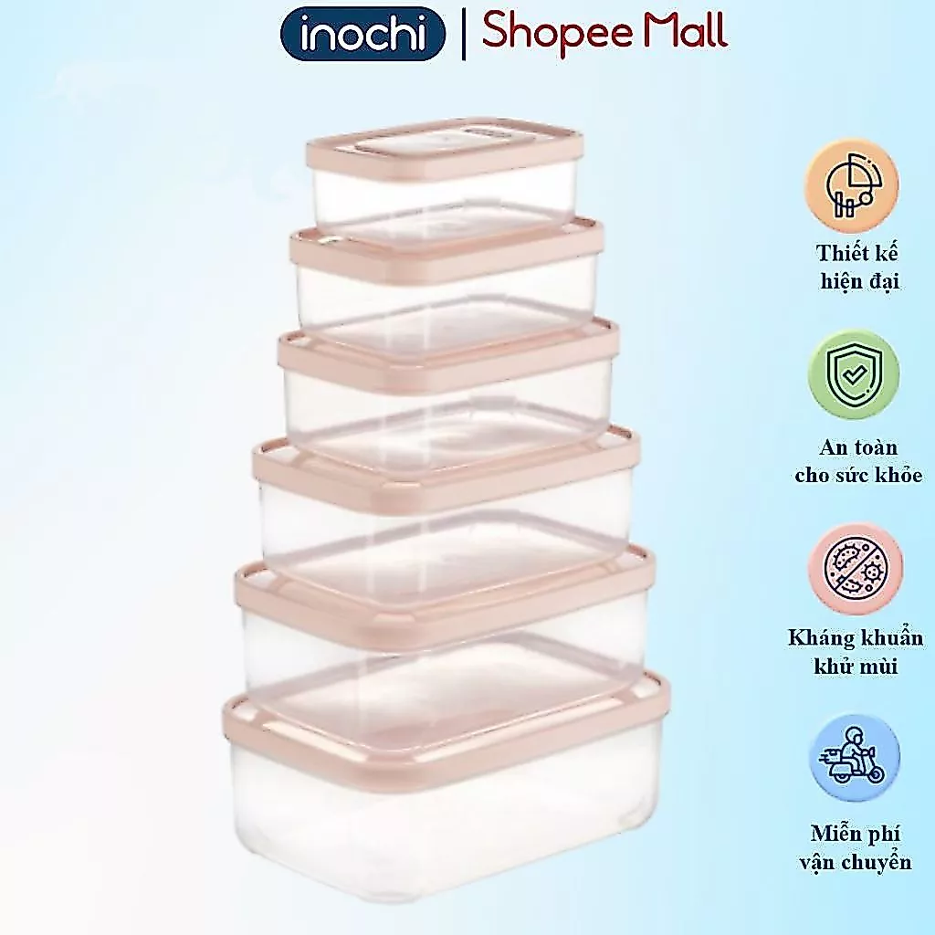 [ĐA KHO] Bộ 6 hộp chữ nhật Inochi, nhựa PP, chịu nhiệt 140°C,không bám mùi, đựng cơm văn phòng