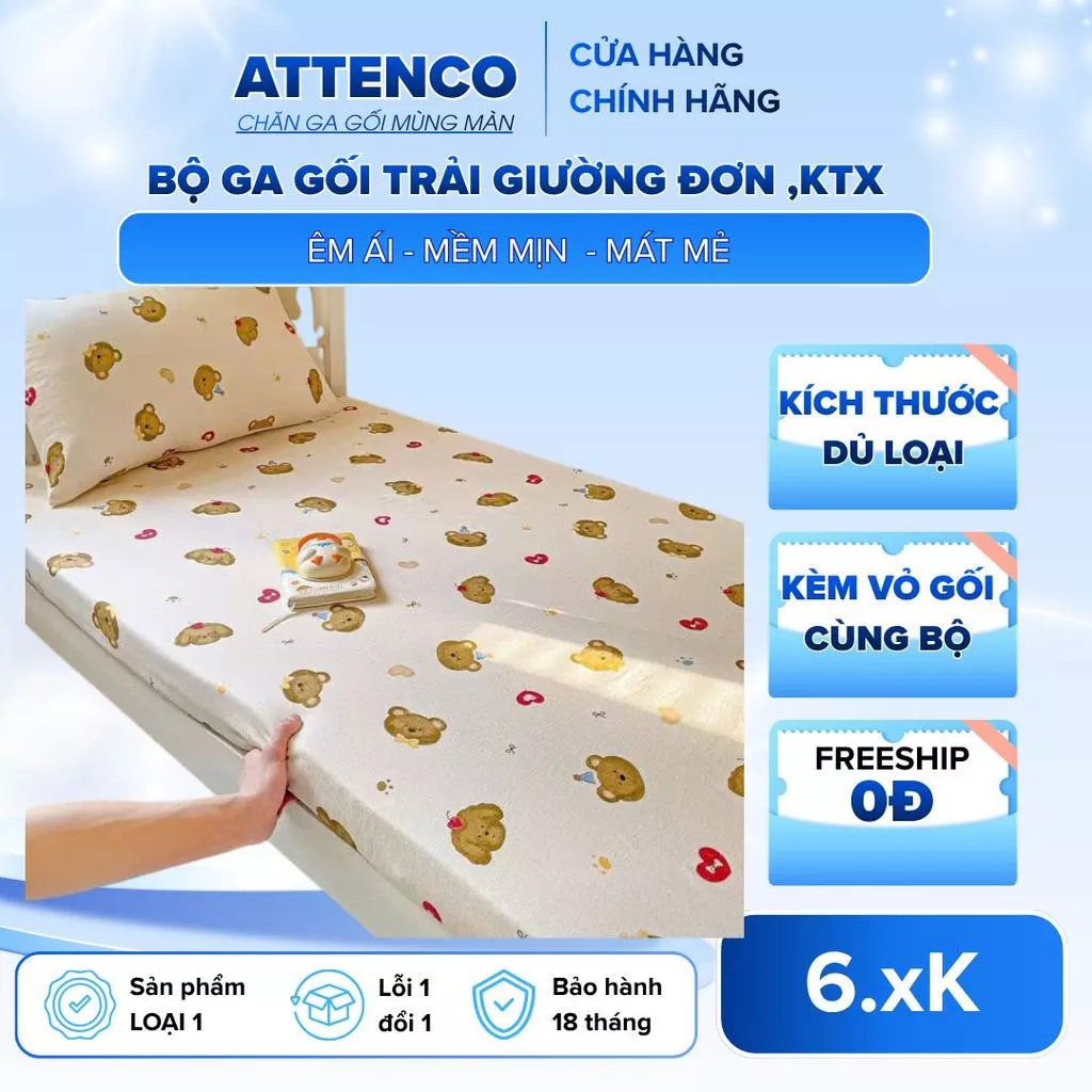 Bộ Ga Giường 3 Món Cotton Đũi ATTENCO BEDDING - Ga Gối Giường Bo Chun 1m 1m2 1m4 1m6 1m8 Hàn Quốc Thoáng Mát