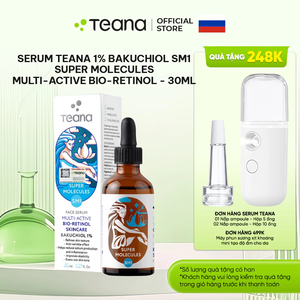 Serum Teana 1% Bakuchiol SM1 Super Molecules Multi-Active Bio-Retinol dưỡng ẩm, làm sáng và trẻ hóa da 30ml