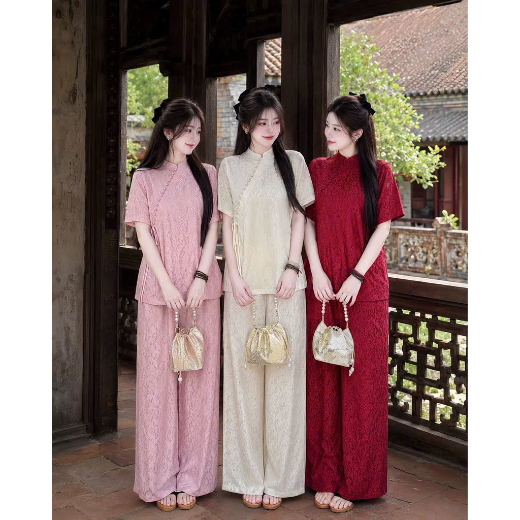 (Bigsize có 3Xl) Sét Pháp Phục Vải Lụa Tằm Gấm Vân Nổi Mềm Mát Phối Cúc Chéo Trẻ Trung Sang Trọng LANO STORE