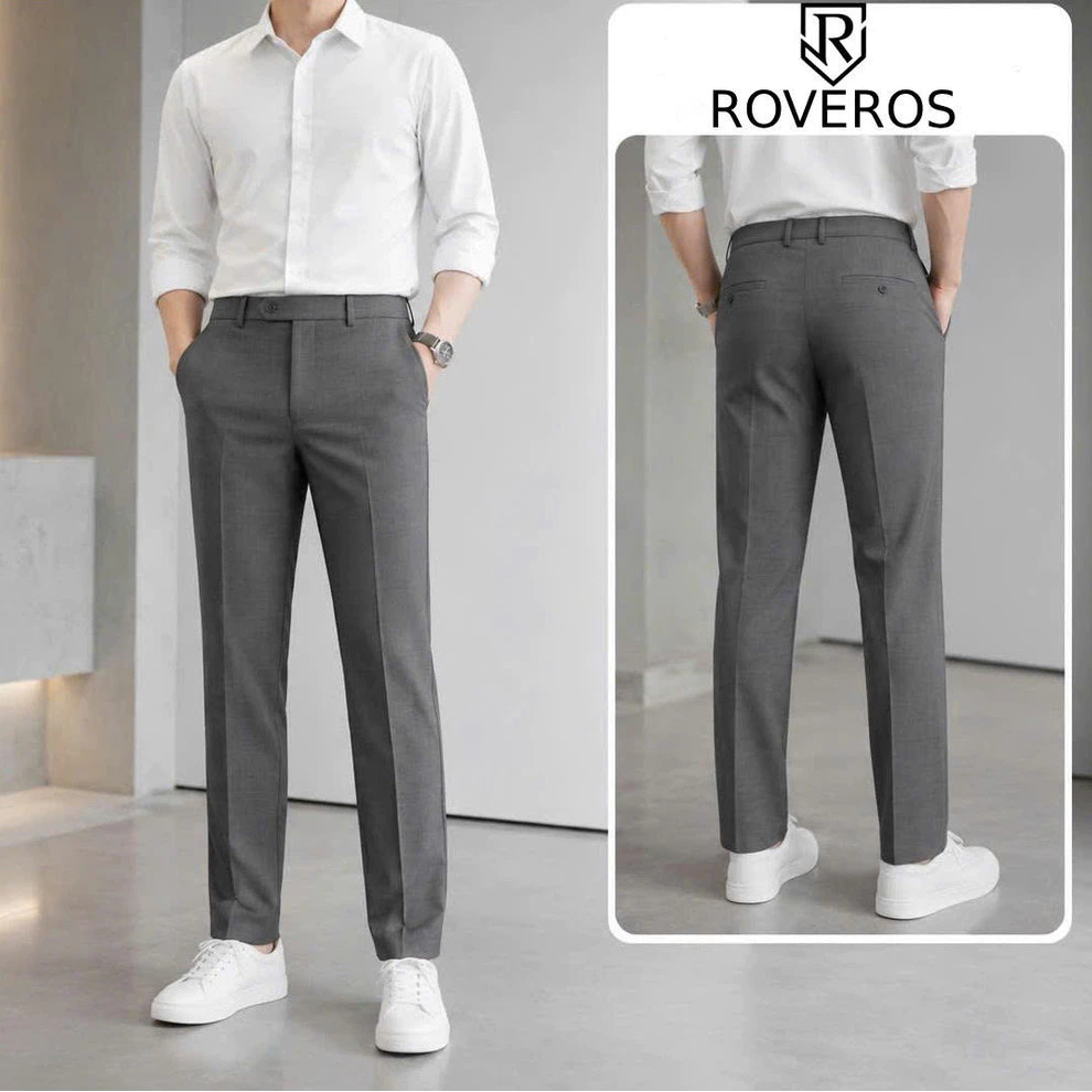 Quần Tây Nam ROVEROS Phom Carrot Fit  chất vải COTON LẠNH gỗ sồi tự nhiên ,Không Nhăn, Không Xù QA02