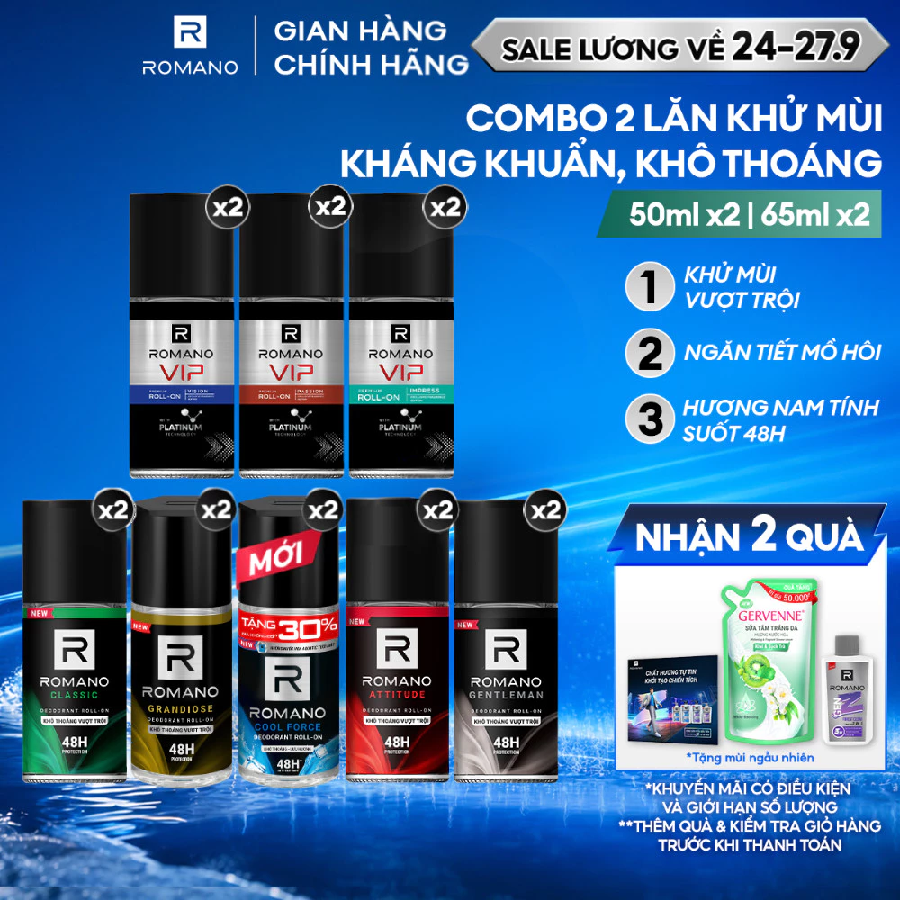 [SVIP] Combo 2 Lăn khử mùi Romano Khử mùi vượt trội, Hương nam tính suốt 48H 50ml / 65ml