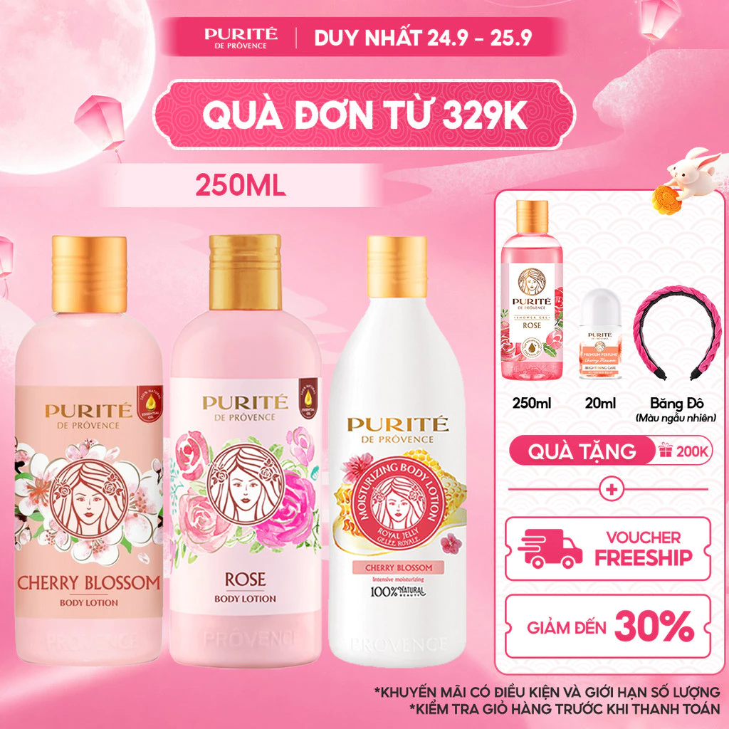 Sữa Dưỡng Thể Thiên Nhiên PURITÉ Hương Hoa Anh Đào / Hoa Hồng / Sữa Ong Chúa 250ML